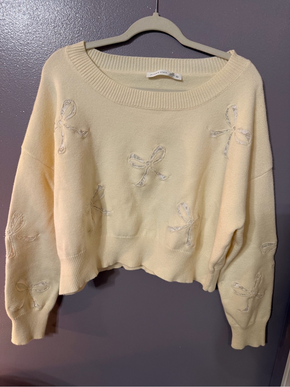 Altar'd State Cream Solid Knit Bow Accent Boat Neck Long Sleeve Pullover XXL